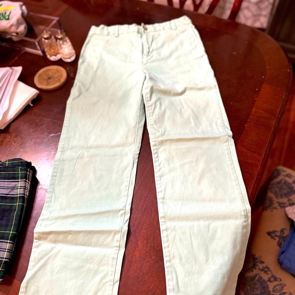 Light lime green flat front chinos.